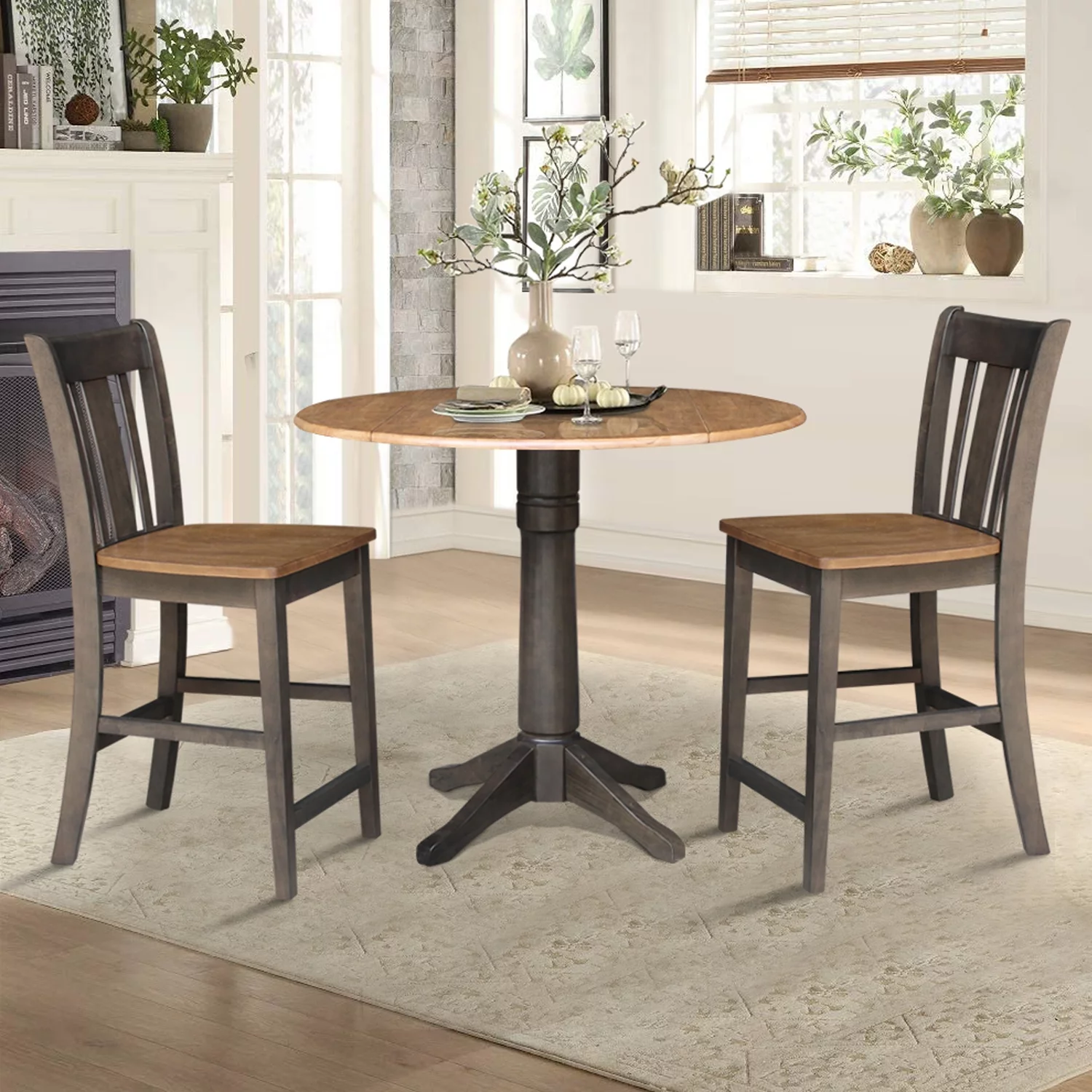 42 in Round Drop Leaf Counter Height Table with 2 Stools in Hickory/Washed Coal