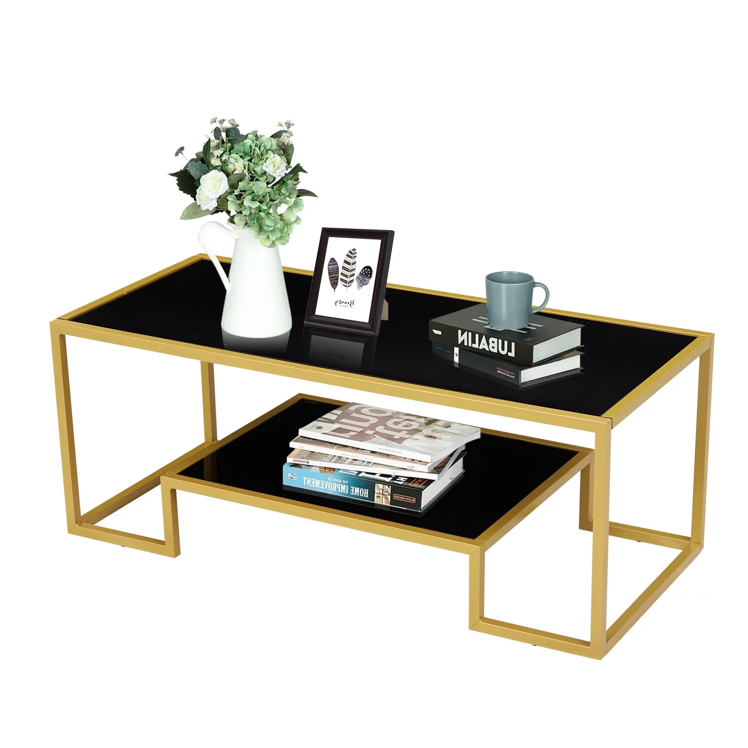 Kinbor Modern Coffee Table, Bedroom Simple Center Table with Open Storage Shelf Tempered Glass, Golden & Black