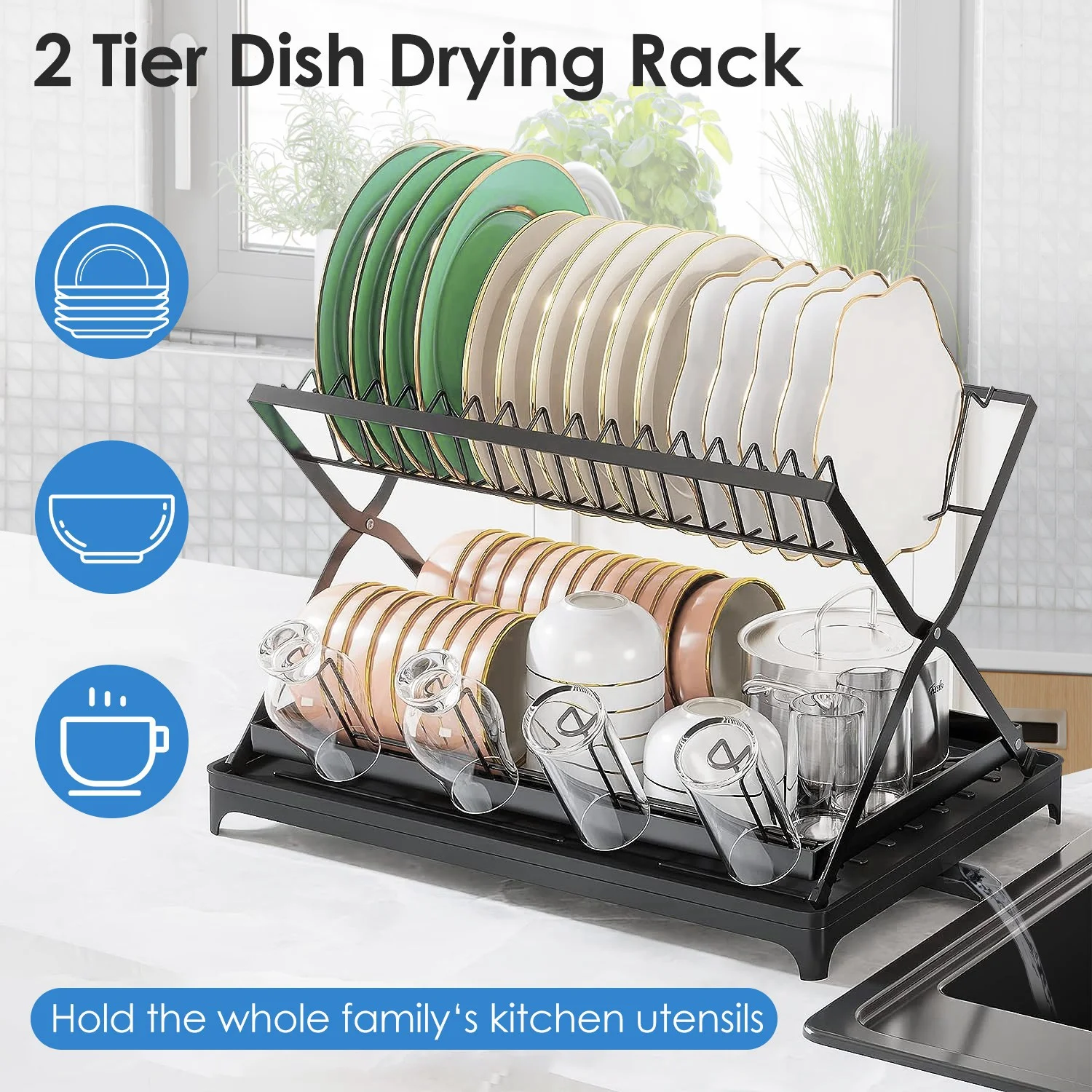 iMounTEK 2 Tier Dish Drying Rack Foldable Dish Drainer Shelf with Cup Holder Drainboard for Kitchen Black