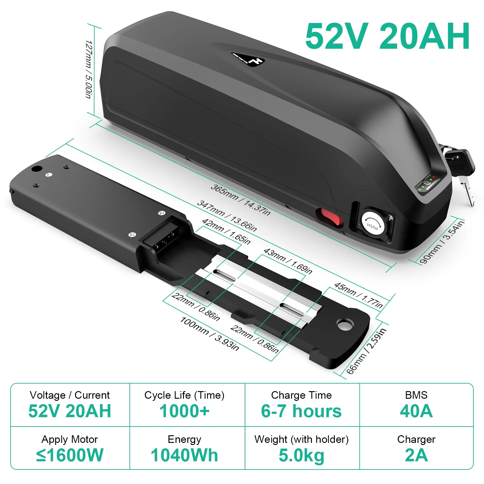BVSLTUK 52V Ebike Battery, 52V 20Ah Lg4800 Cell Electric Bike Battery for 200W-1600W Bafang Aw Ancheer Voilamart and Other Motors Eletric Bicycle Battery.