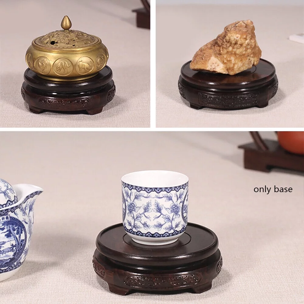 Carved Wood Fishbowl Stand Bonsai Stone Vase Flower Pot Rack Round Display Base