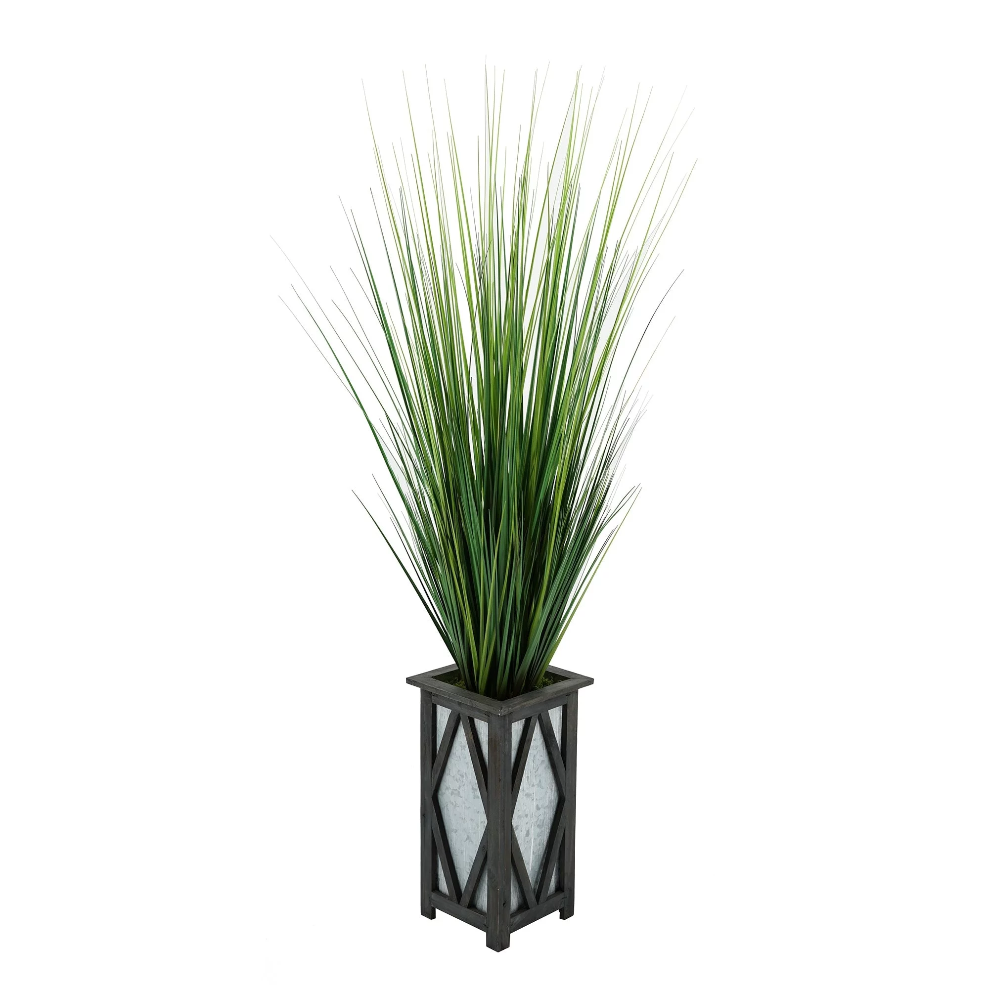 Faux PVC Grass in Tall Wood/ Metal Planter Black Diamond