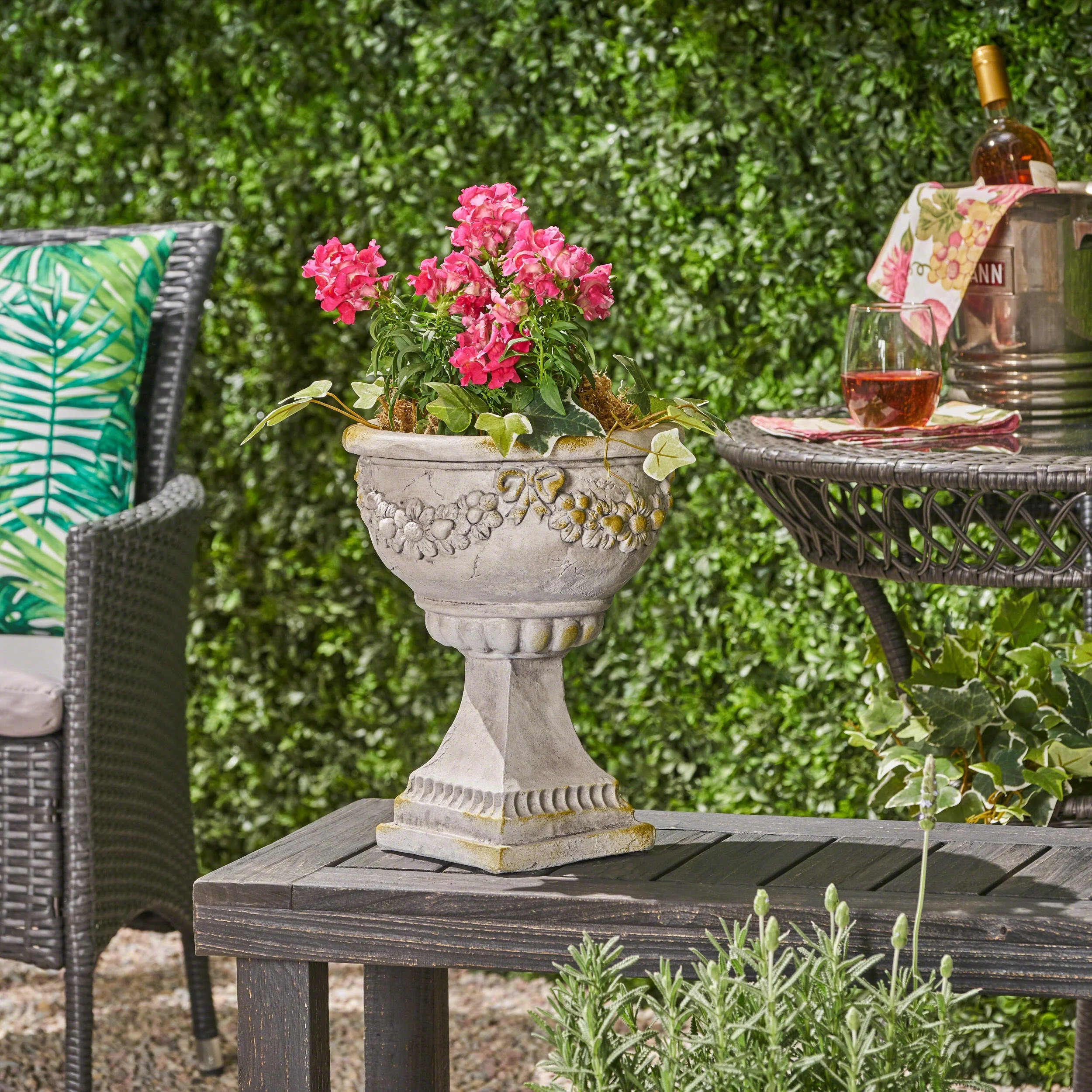 GDF Studio Amiyah Outdoor Cast Stone Roman Chalice Garden Urn Planter, Gray Moss