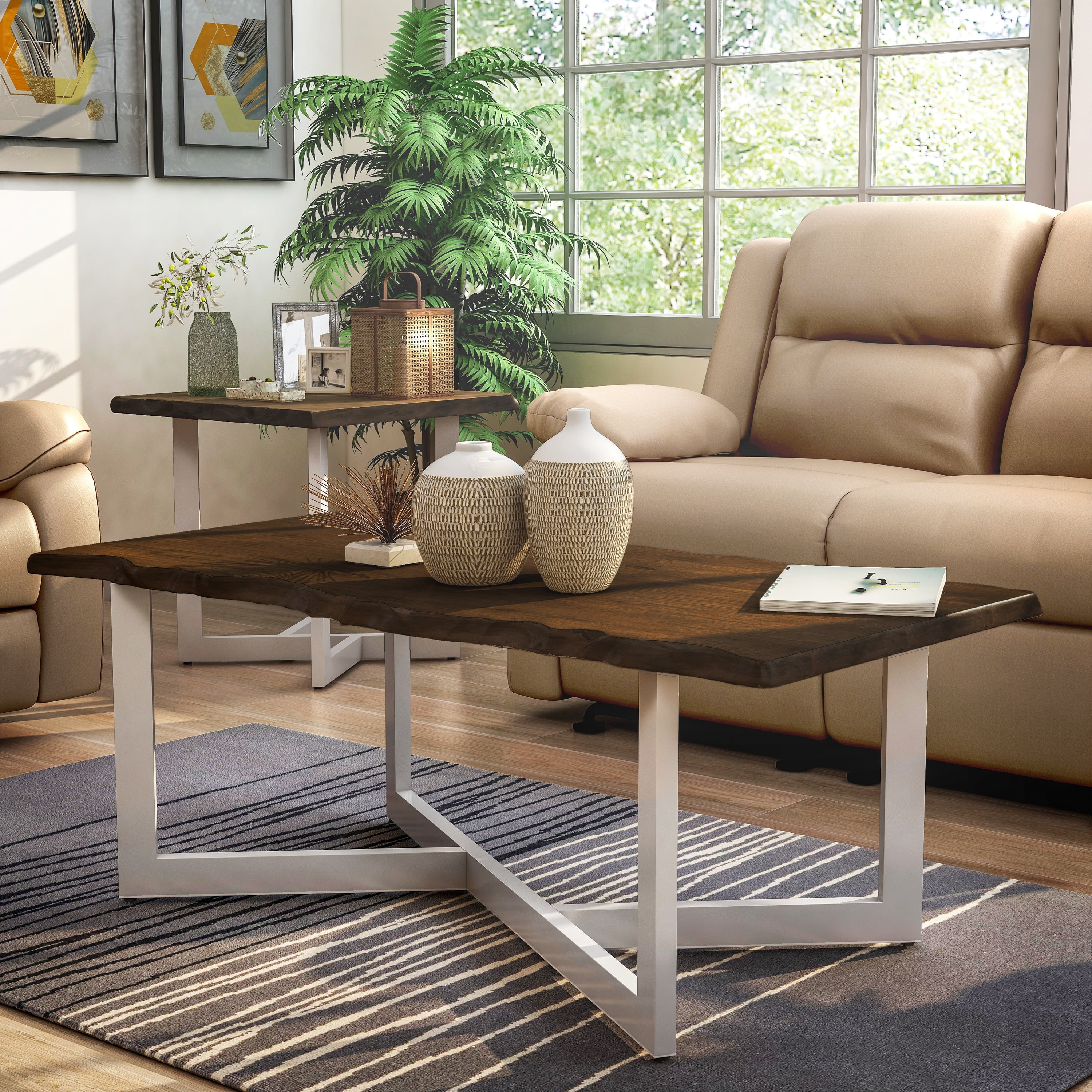 Furniture of America Kinlen Transitional Oak and White 47-inch Metal Coffee Table by