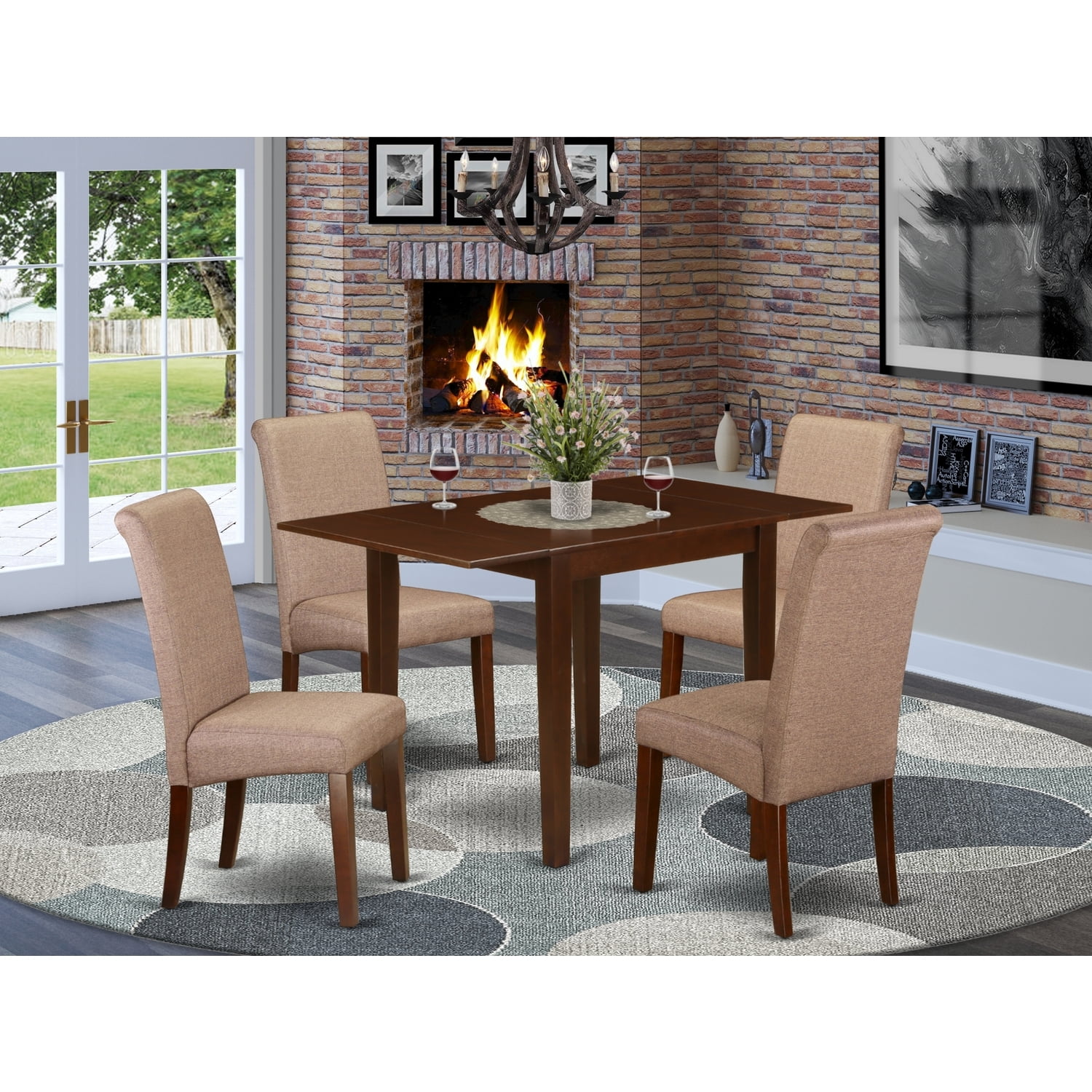 HomeStock Seaside Serenity Dining Set 5 Pc - 4 Dining Room Chairs And A Dining Room Table - Mahogany Finish Solid Wood - Brown Color Linen Fabric