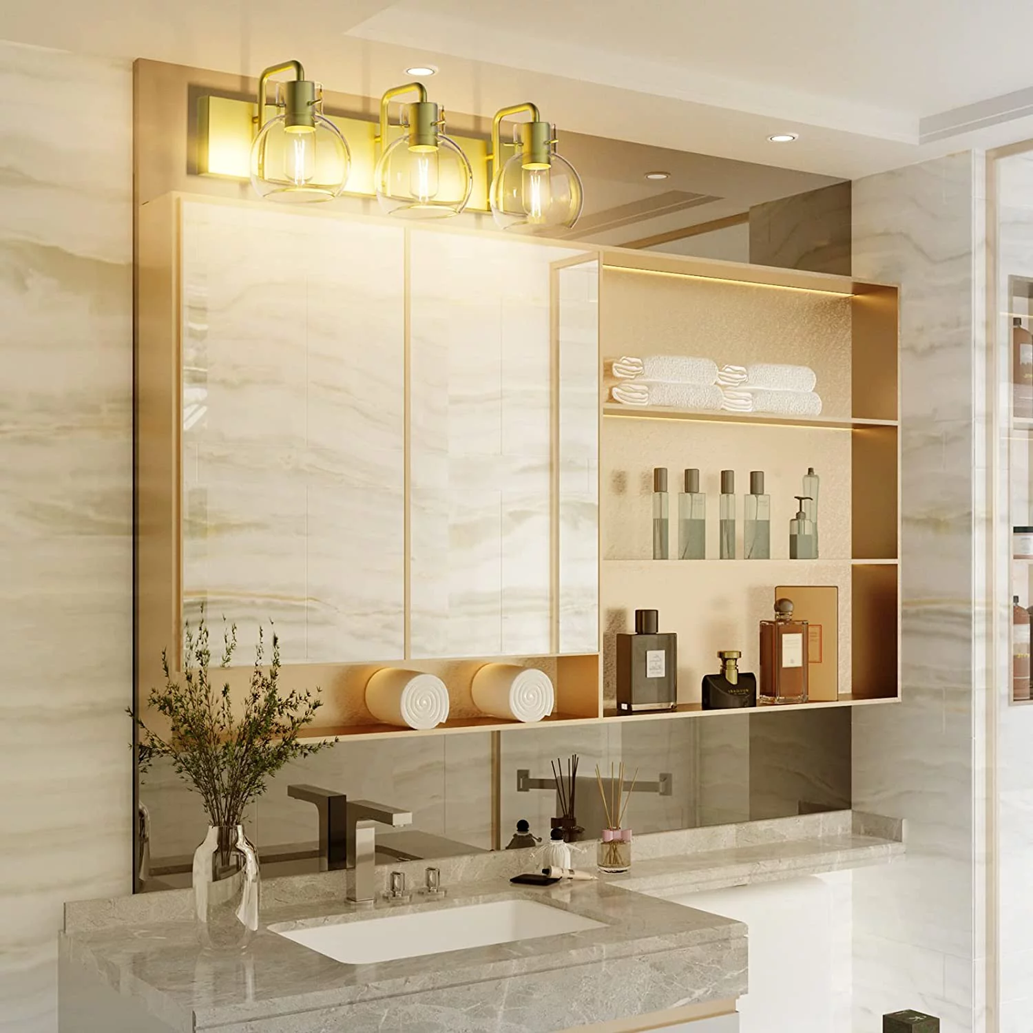 RUO Industrial Bathroom Vanity Lighting Fixtures 3-Lights Farmhouse Matte Black Finish with Globe Clear Glass Vanity Lights Vintage Bath Lighting(Exclude Bulb)