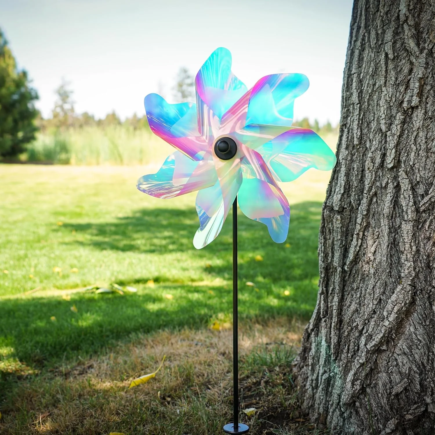 In the Breeze 2621 — 12-inch Striped Iridescent Pinwheel Spinner — Colorful Mylar Wind Spinner for Yards and Gardens