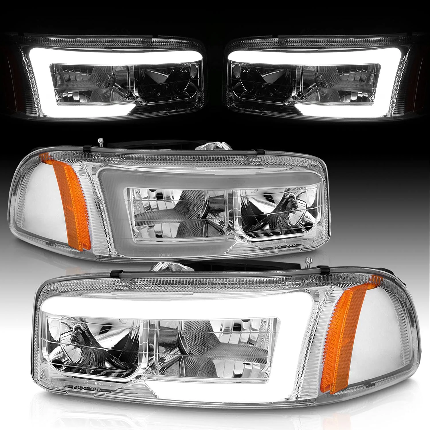 APA For 1999-2006 GMC Sierra Yukon XL C-Type LED Tube Chrome Replacement Headlights Pair - Passenger and Driver Side