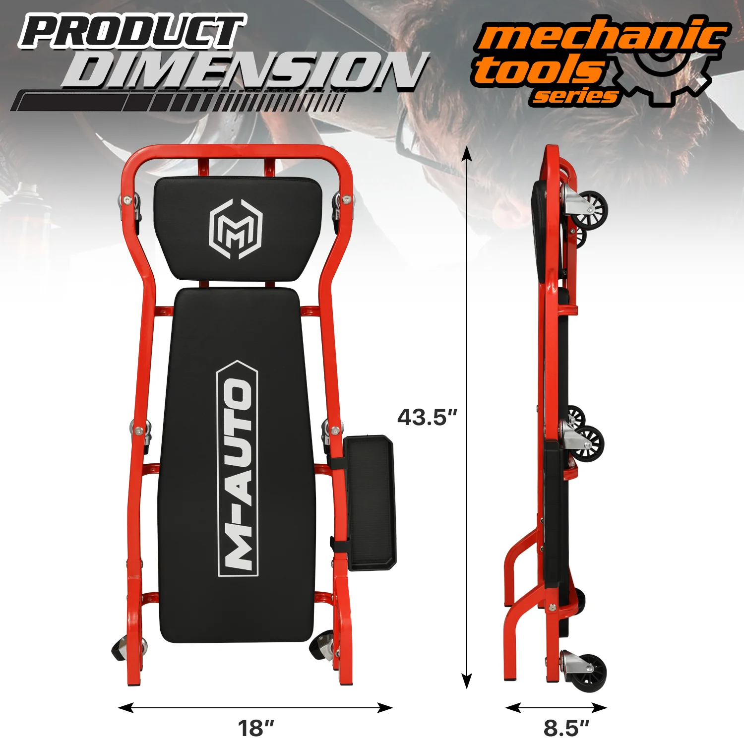 M-AUTO 42.5 Inches Upholstered Rolling Creeper Mechanic Cart with Adjustable Headrest & Handle and 6 Casters, 300 lbs Capacity, Red