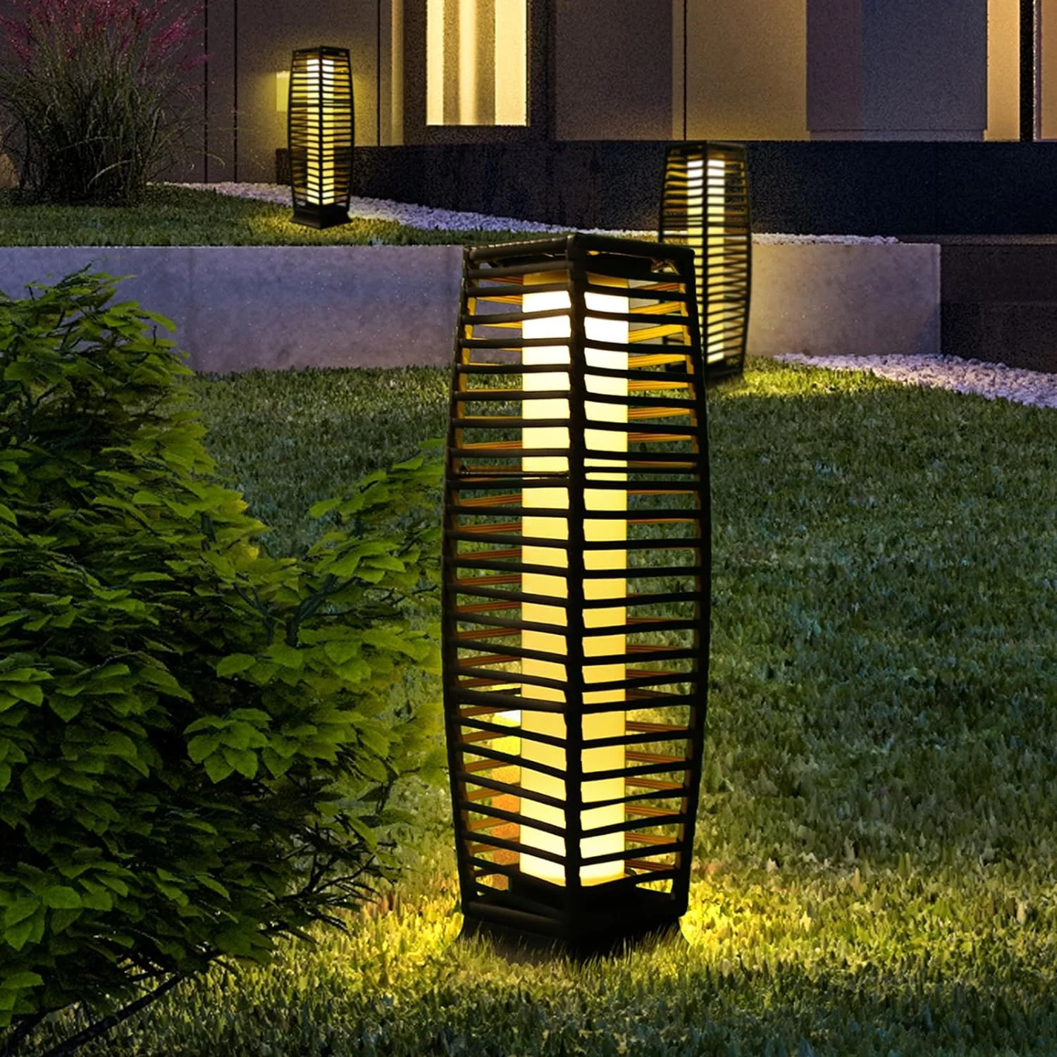 Solar Floor Lamp, Outdoor Floor Lamp, Solar Lanterns Outdoor Waterproof, Solar Powered Resin Wicker Outdoor Solar Lamp,Weather-Resistant Rattan Deck Light for Porch, Garden, Patio, Deck