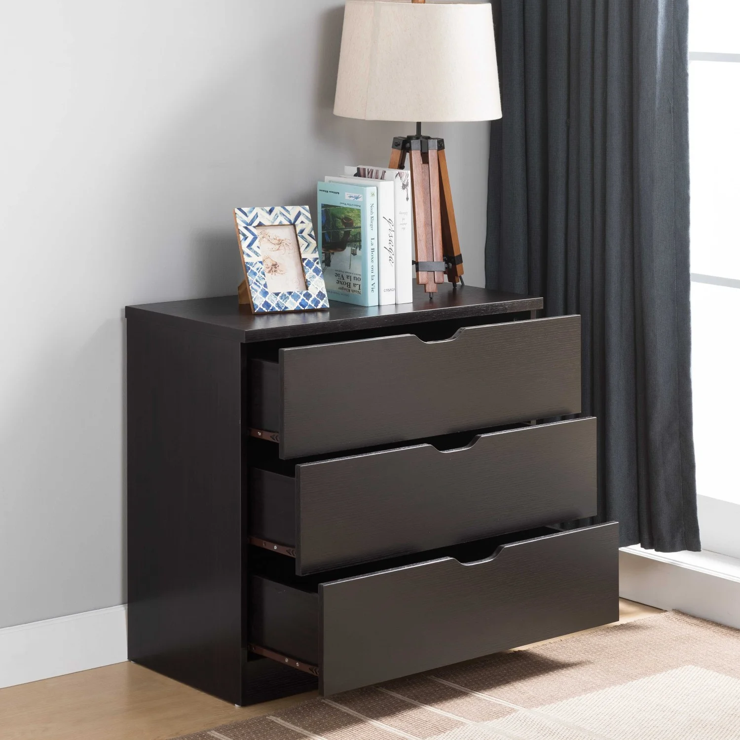 JHOOTUUO Modern dark chocolate three drawer chest and clothes  cabinet with metal drawer glides