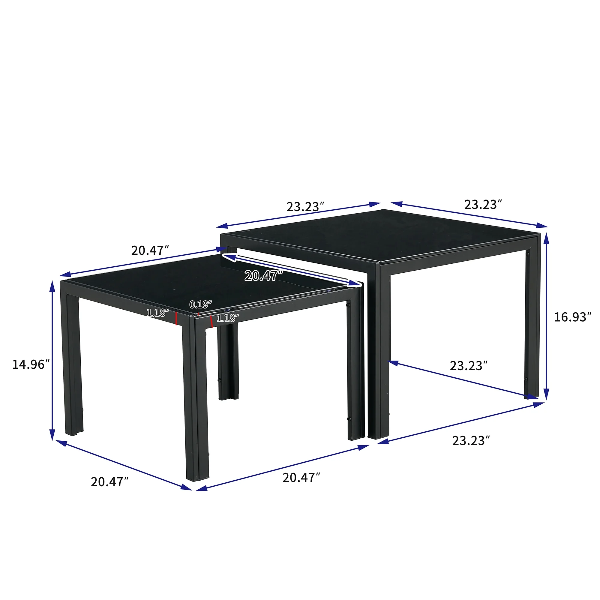 Smilegend Modern Black Square Nesting Coffee Table Set of 2 with Tempered Glass Finish, Stacking Tables