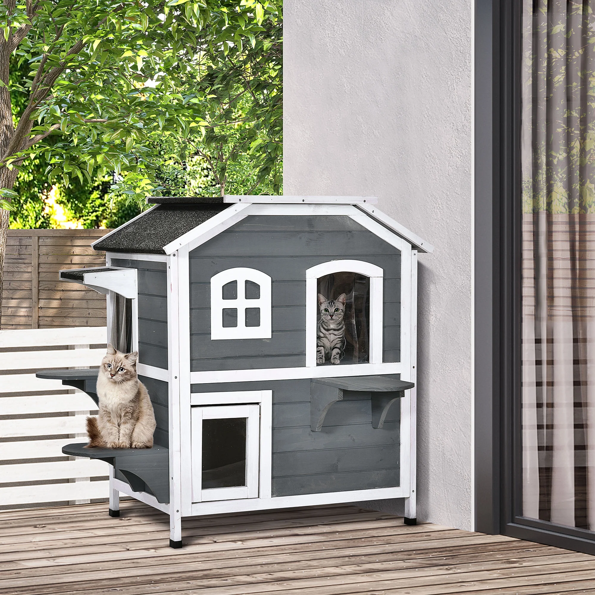 PawHut 2-story Cat House Outdoor, WeatherproofÂ Wooden Cat Enclosure for Feral Cats with Escape Door, Openable Roof, Jumping Platforms, Gray