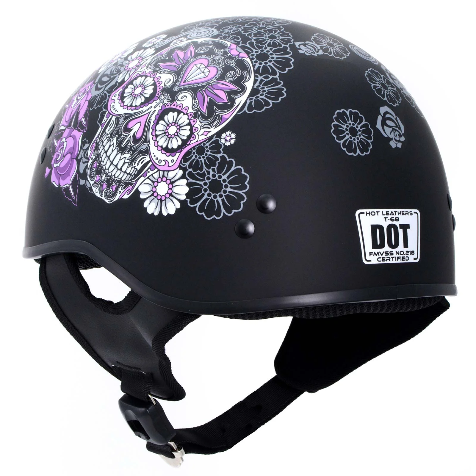 Hot Leathers HLD1031 'Sugar Skull' Flat Black Motorcycle DOT Approved Skull Cap Half Biker Helmet Medium