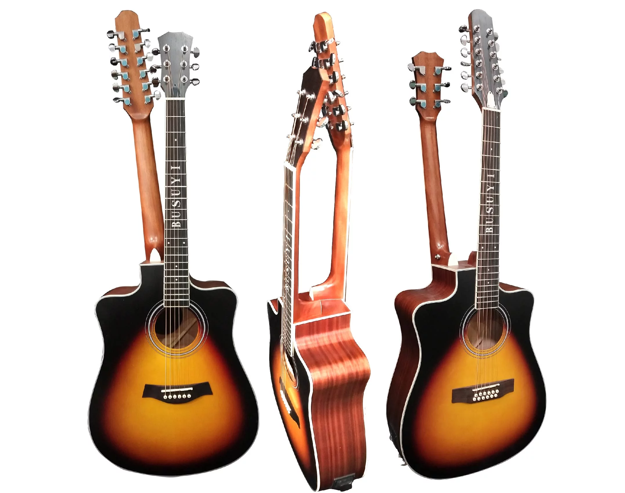 12 String Acoustic / 6 String Acoustic, Double Sided, Dreadnought, Travel, Busuyi Guitar, (Sunset) All Levels