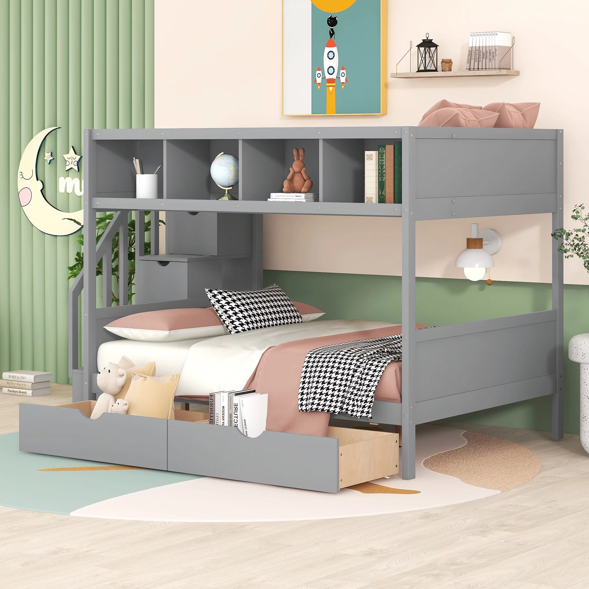 Churanty Twin Over Full Bunk Beds with Staircase and Drawers, Wooden Bunk Bed Frame with Storage Shelf for Kids,Gray