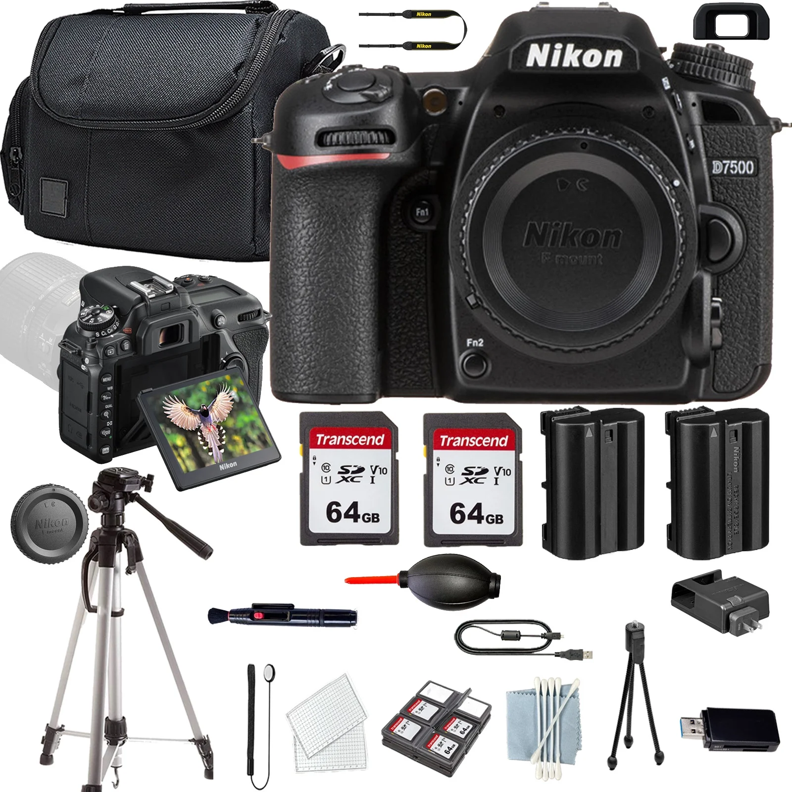 Nikon D7500 DSLR Camera(1582)Body+Case+128 GIG Memory+Extra Battery+Tripod(13PC)Bundle