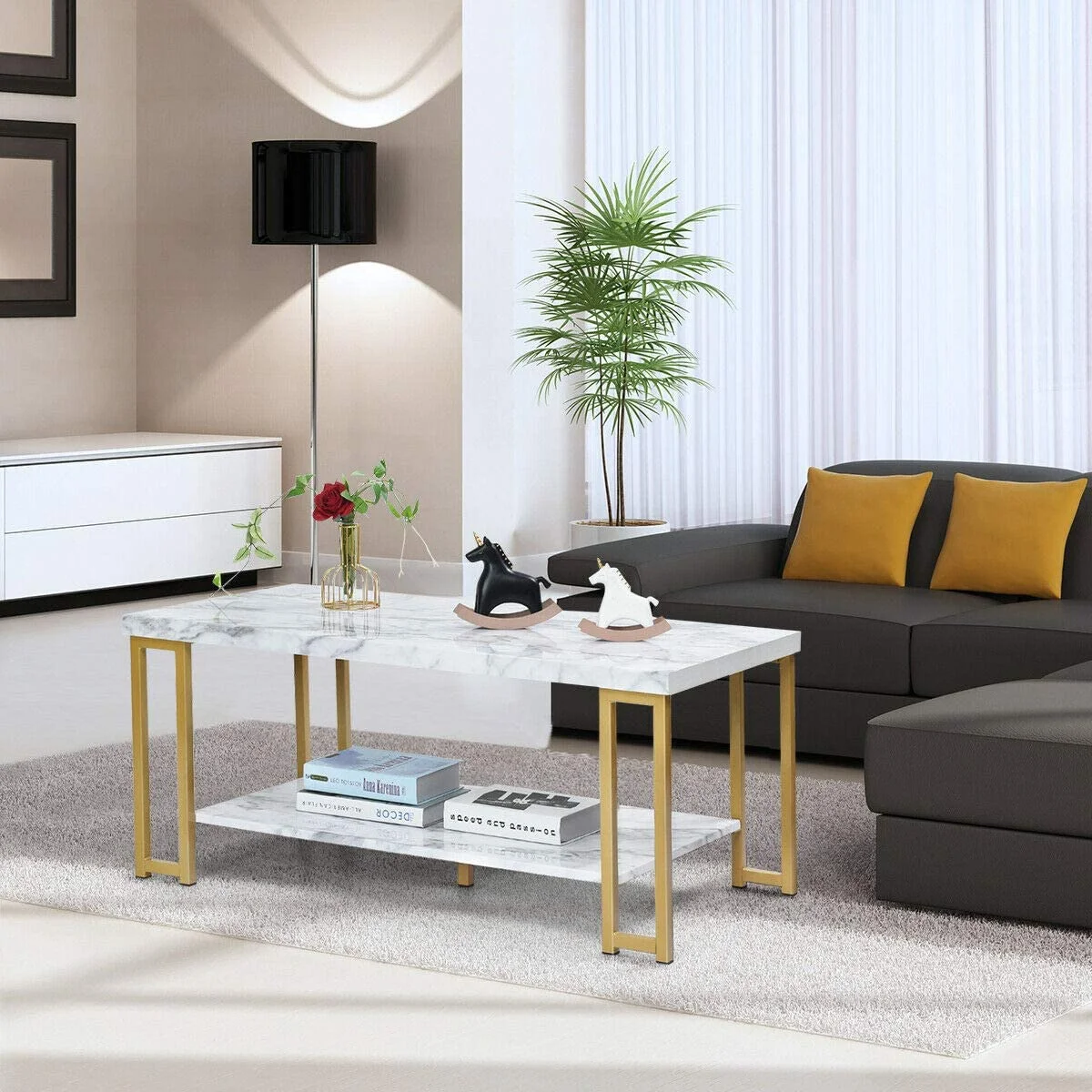 Modern Coffee Table, Faux Marble Top Accent Cocktail Table w/Gold 2-Tier Side Table with Open Storage Shelf, Home Furniture Decor End Table for Living Room, Office Reception