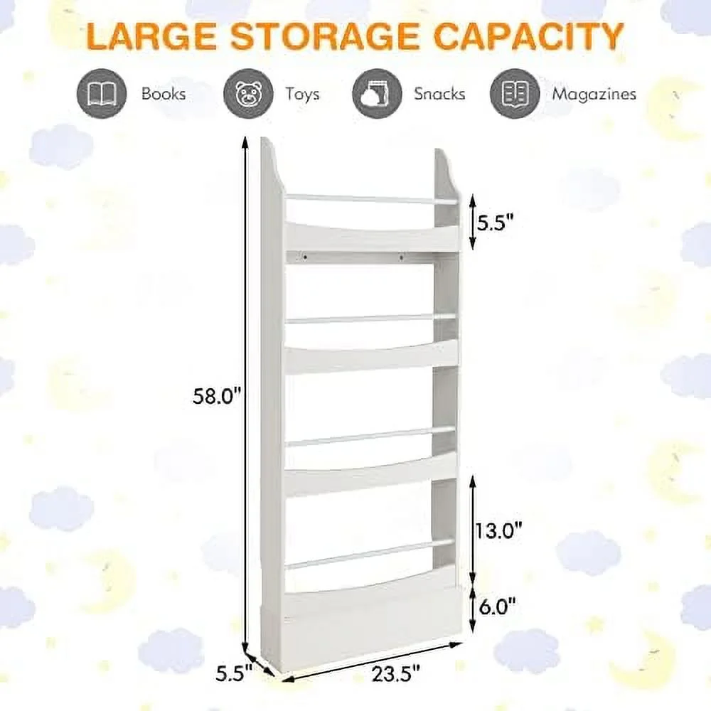 TQSBRZJ Bookshelf  4-Tier Wooden Book  Organizer for Books and Toys  Toddler Space-Saving Wall Bookcase Conner  Rack for Bedroom  Living Room  Nursery  Playroom (White)