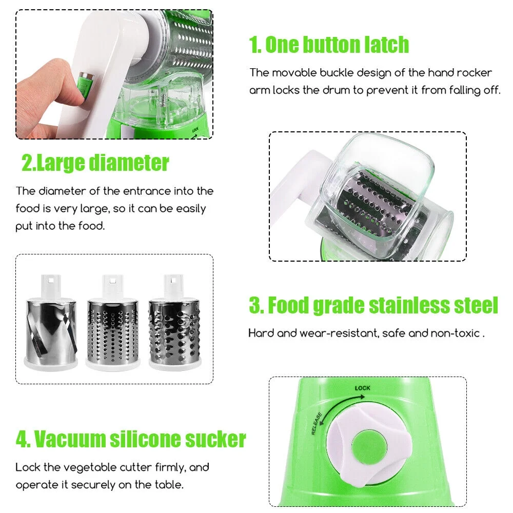 JahyShow Manual Rotary Potato Grater Kitchen Mandoline Vegetable Slicer，with 3 stainless steel vegetable cutting tubes，Easy to use (Green)