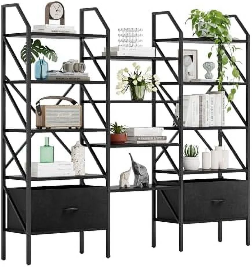 CHFBC Triple 6 Tier Bookshelf with Drawers  Wide Bookcase with 17 Open Display  Shelves  Large Book  Book Case for Home & Office (Rustic Brown  6 Tier)