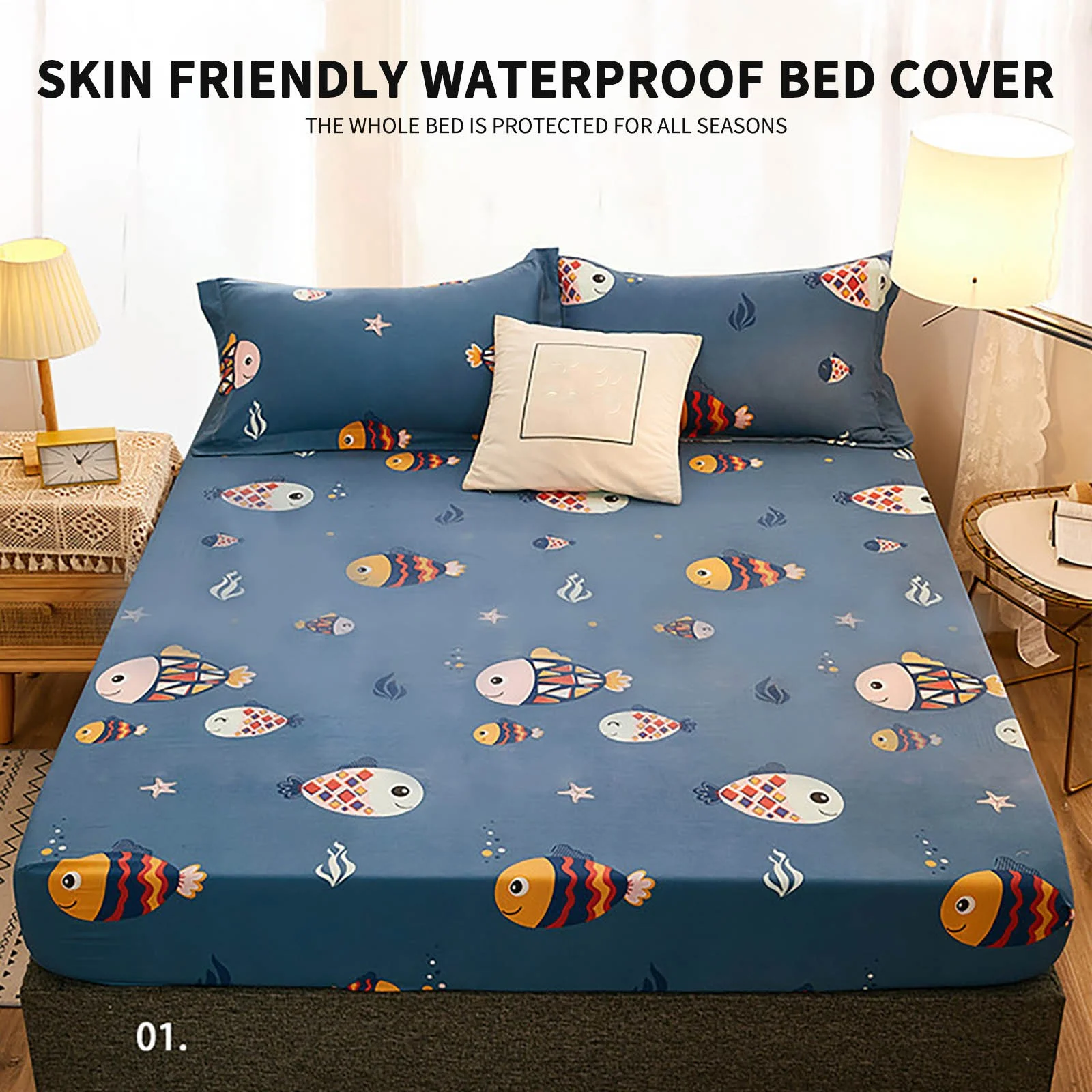 Waterproof Mattress Protector Queen, Fitted Sheet Style Breathable Mattress Cover with Deep Pocket Fits Up to 18'', Machine Washable Noiseless Bed Cover for Kids Adults Pets