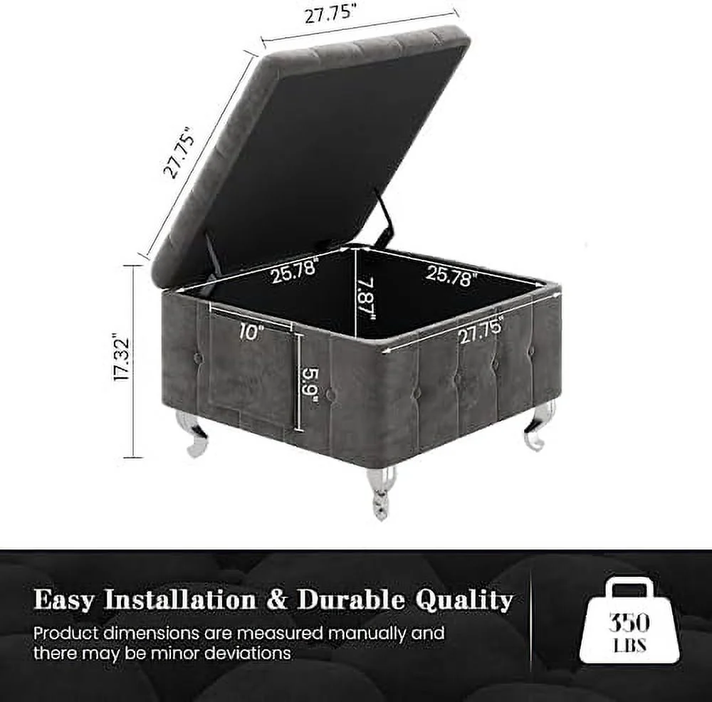 HYHBIBOOM Wide Square Ottoman  in Upholstered  2 Pieces Mid Century Modern Coffee Table  Ottoman for Living Room  Large Footrest Ottoman for Bedroom  Velvet Fabric  Smooth Hinge