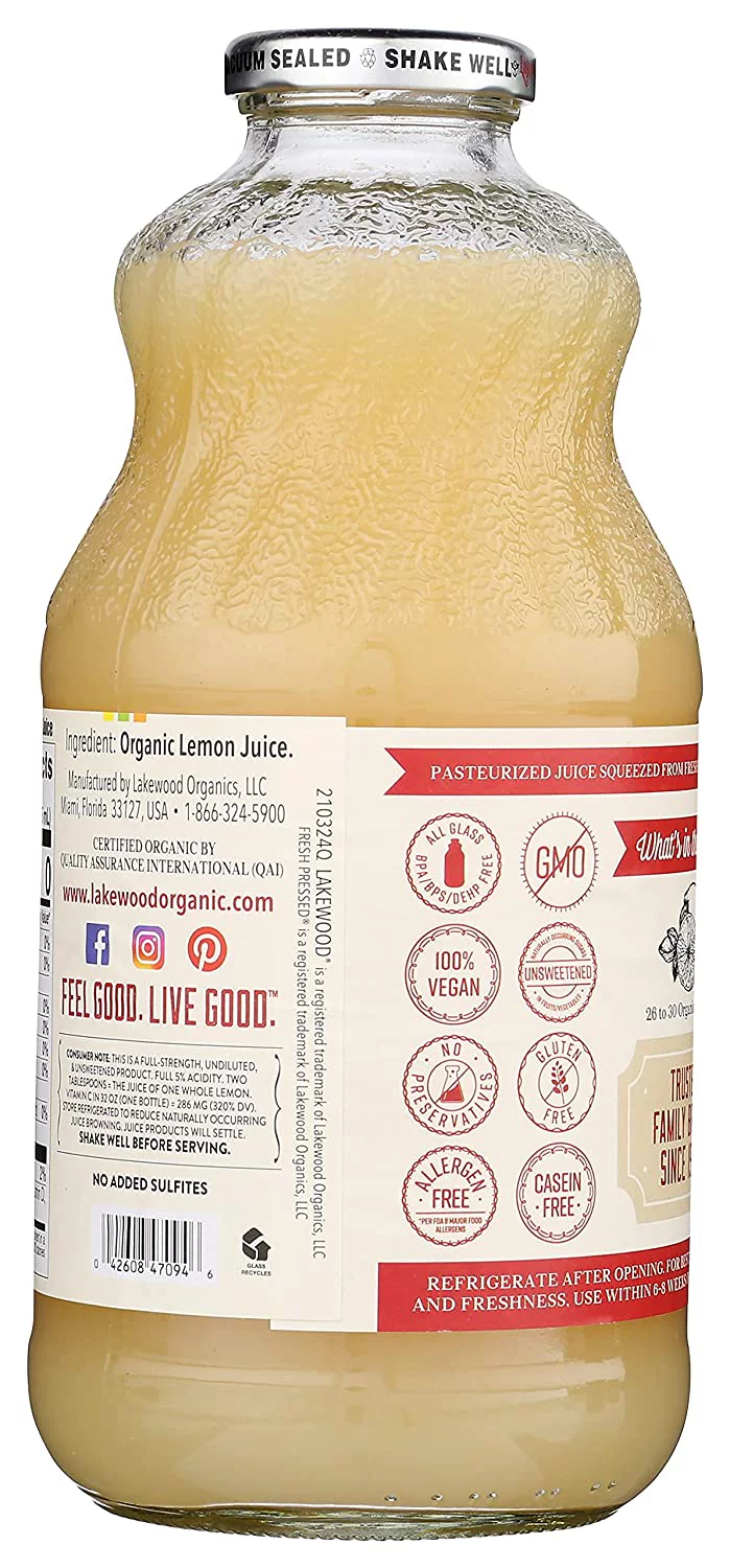 Lakewood Organic Pure Lemon Juice 32 fl oz Pack of 2