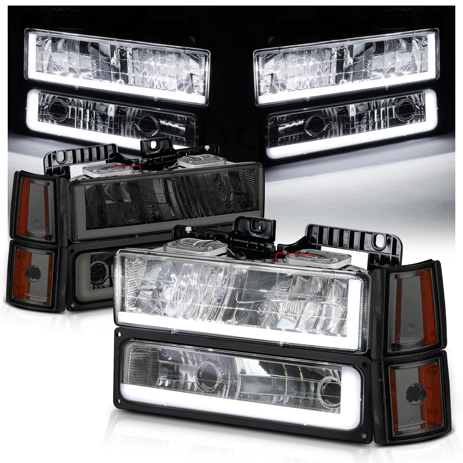 M-AUTO Switchback LED Tube Headlight Assembly with LED Bulbs for 1994-1999 GMC C1500/K1500 Yukon, 1994-1999 GMC C1500/C2500/K1500/K2500 Suburban, 1994-2000 GMC C2500/C3500/K2500/K3500