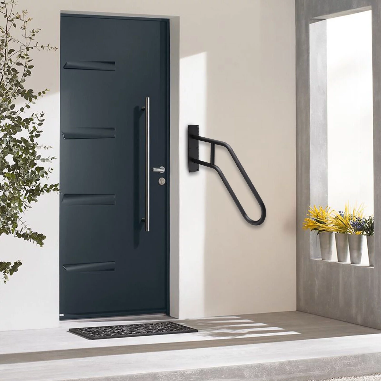 Handrails for Outdoor Steps Smooth Black Iron, Stair Railing for Step Wall Mount