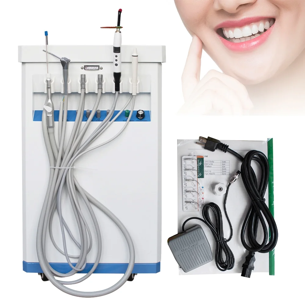Dental Delivery Unit Cart with Portable Air Compressor for Mobile Treatment - Suction, Curing Light, Scaler, Turbine included - 4 Hole System for Best Oral Care