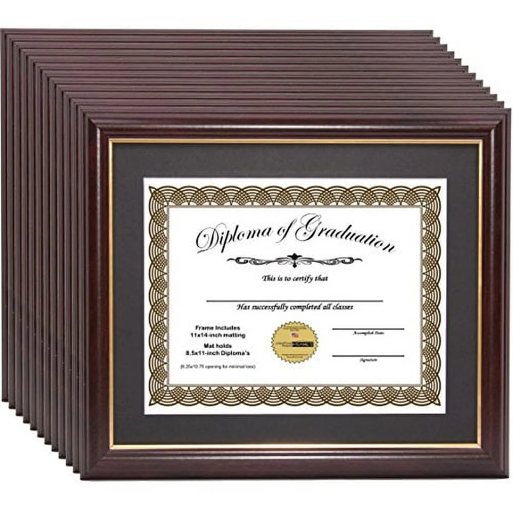 Creative Picture Frames CreativePF [11x14mh.gd] Mahogany Frame with Gold Rim, Black Matting Holds 8.5 by 11-inch Diploma with Easel and installed Hangers (12-Pack)