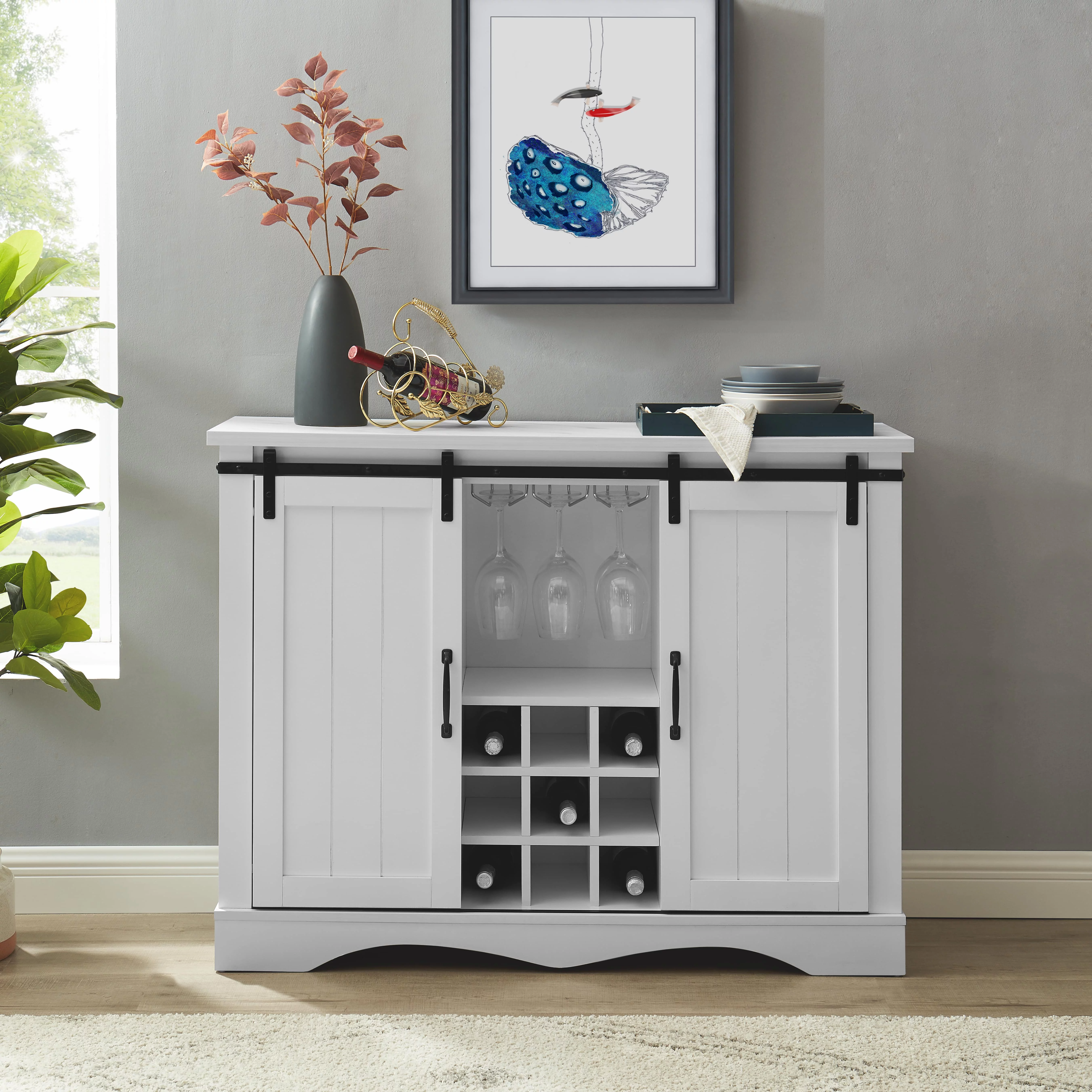 FESTIVO 47 in. White Wood Buffet Bar Cabinet with Barn Door with Marbling Pattern Countertop