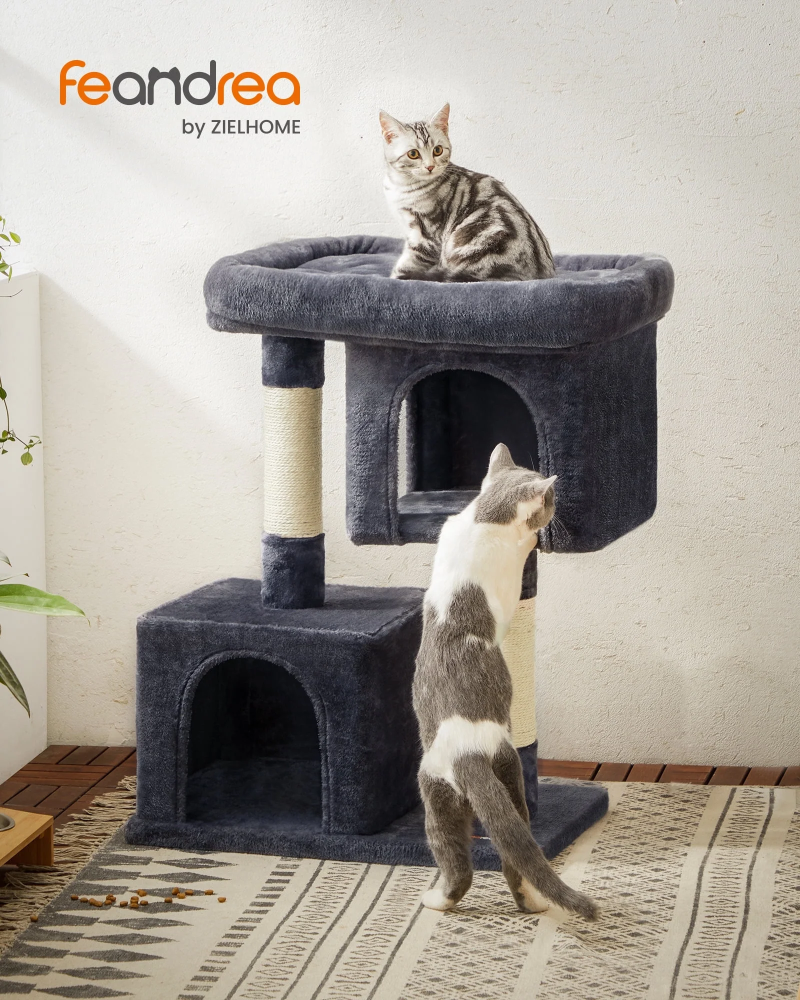 Feandrea Cat Tree 33.1-Inch Cat Tower for Large Cats up to 16 lb, Large Perch, 2 Cat Caves, Scratching Post, Smoky Gray