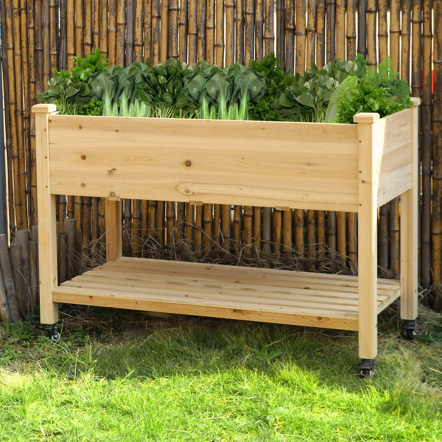Veikous Wooden Raised Garden Bed with Lockable Wheels and Liner
