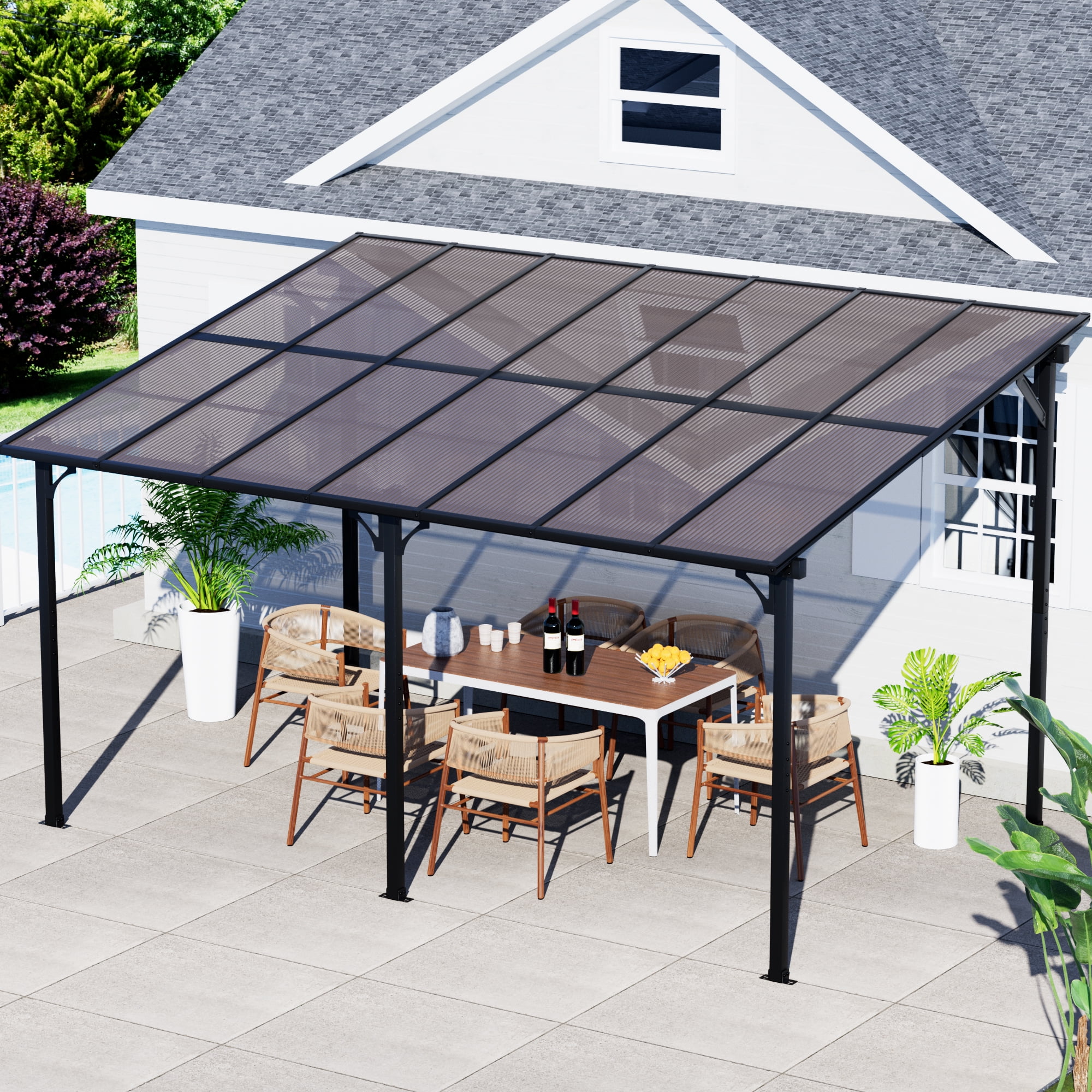 GDPFN 14' x 10' Gazebo, Wall Mounted Lean to Pergola, Outdoor Hardtop Gazebo with Roof, Large Heavy Duty Metal Awnings for Patio, Backyard, Deck, Porch