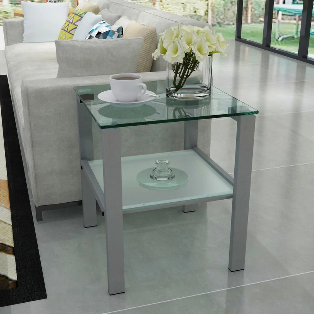 Tempered Glass Side Table Clear Glass & Solid Metal Legs Modern Simple Style (Gray)