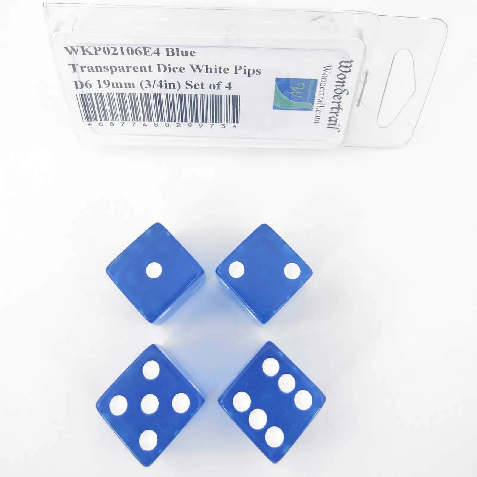 Blue Transparent Dice with White Pips Square Corners D6 19mm (3/4in) Set of 4 Wondertrail