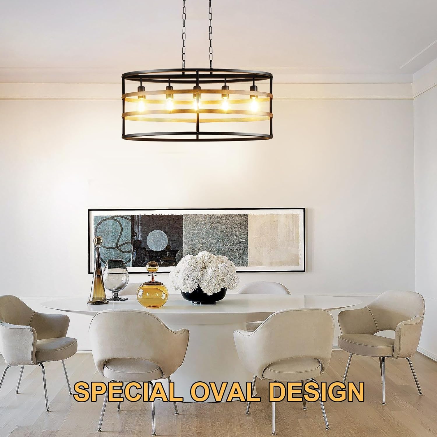 Depuley 5 Light Black Walnut Farmhouse Ceiling Chandelier Kitchen Island Industrial Ceiling  Lighting Fixtures Hanging Oval Pendant Light for Dining Living Room, E26 Socket