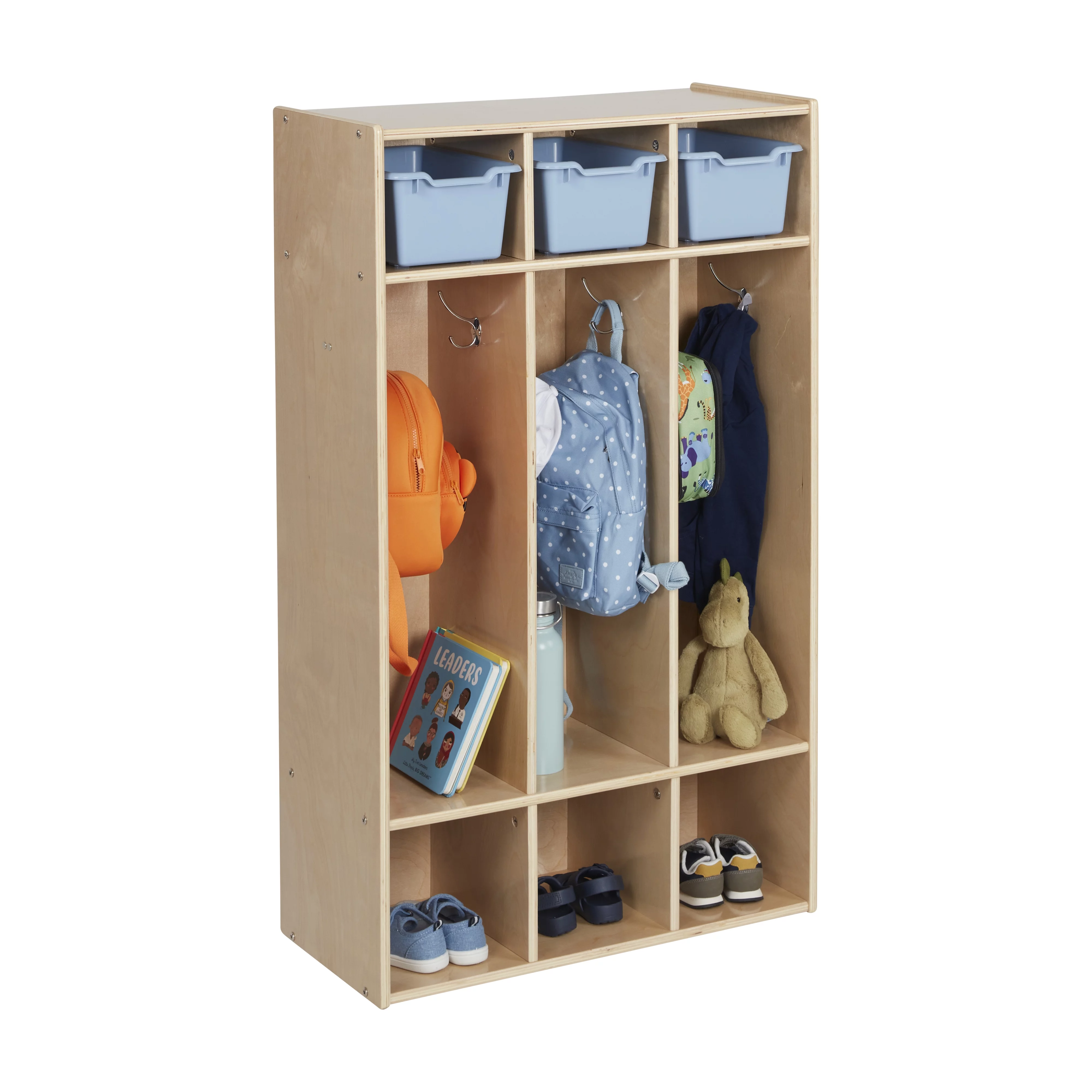 ECR4Kids Streamline 3-Section Coat Locker, Natural