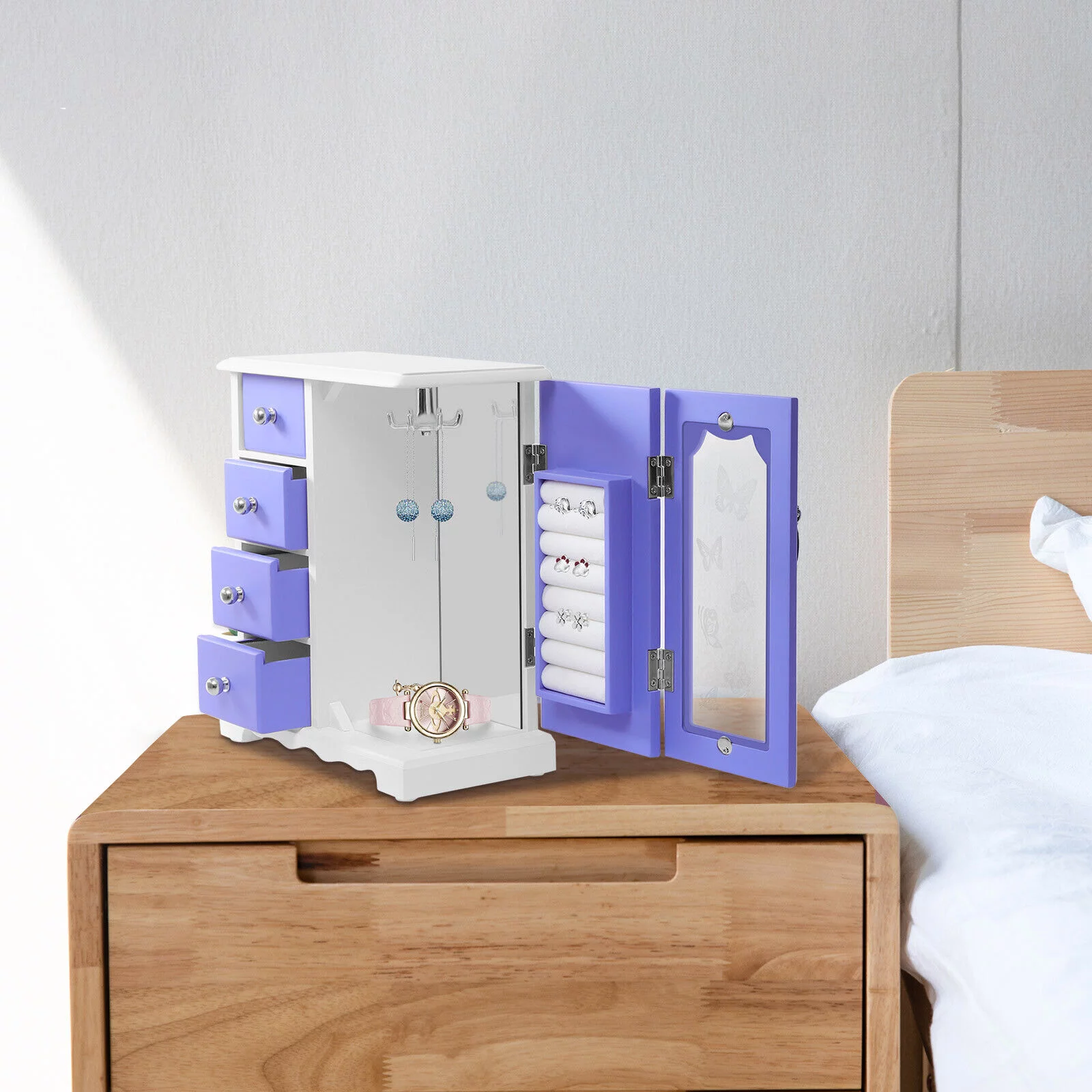 Solid Wooden Jewelry Box, Jewelry Box - Made of Solid Wood with 4 Drawers Organizer and Built-in Necklace Carousel and Large Mirror, Women Ring Storage