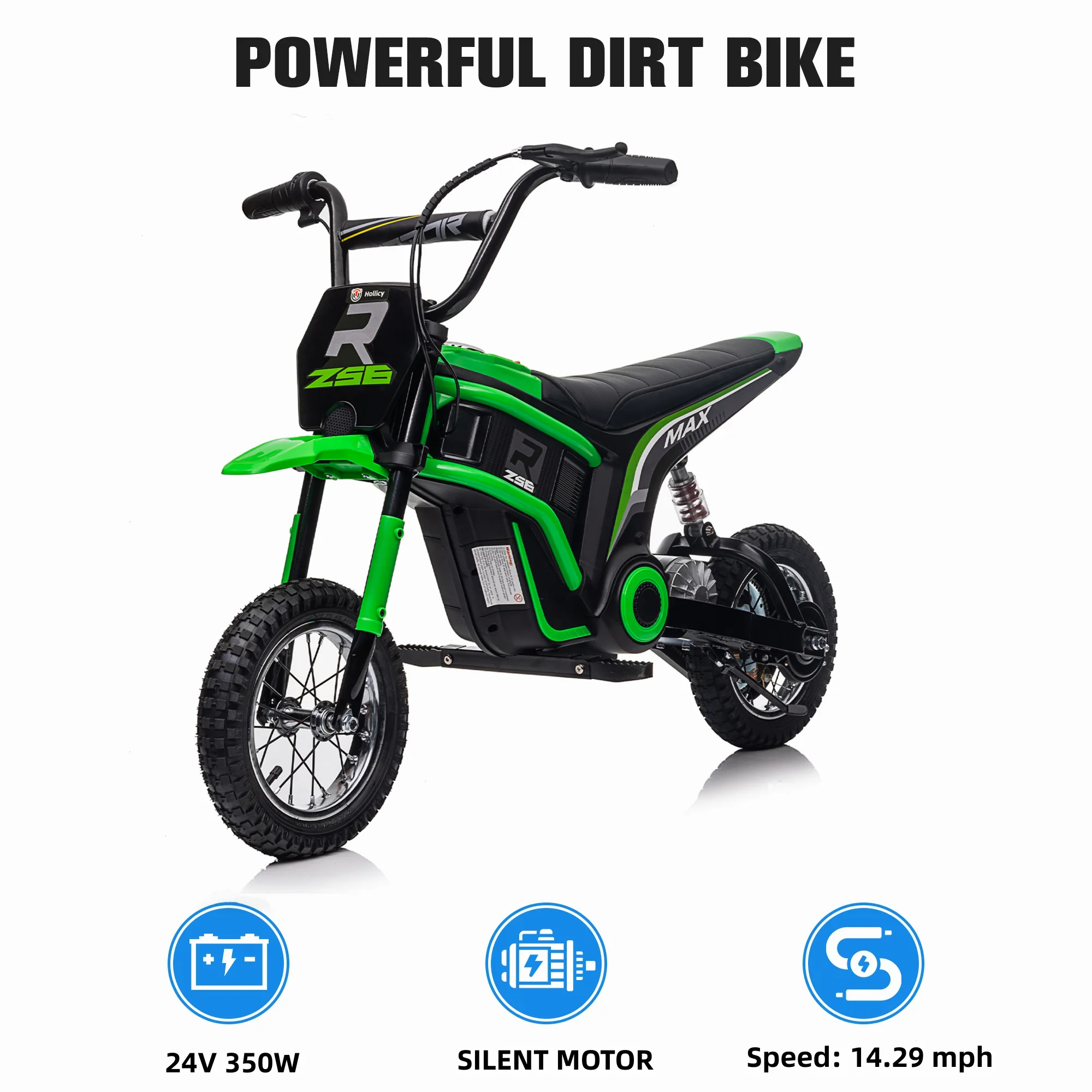 BCARORUR Kids Ride On 24V Electric Toy Motocross Motorcycle Dirt Bike, Speed 14.29 MPH, Electric Motorcycle for Kids w/ EVA Inflatable Rubber Tires, 2 Suspension, Twist Grip Throttle (Green)