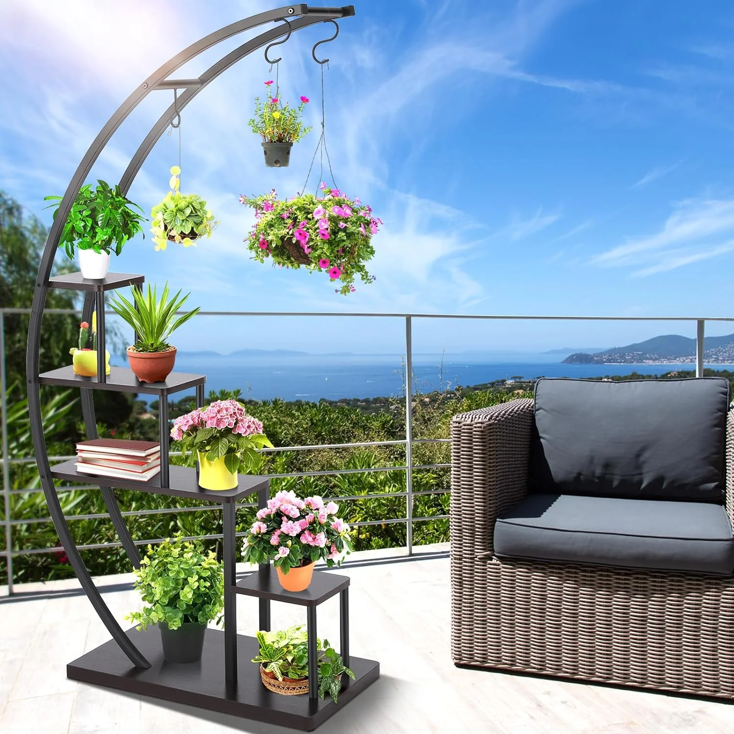 5-Tier Indoor Metal Plant Stand: Tall Half Moon Design with Heart-Shaped Shelves, Includes 3 “S” Hooks for Planter Display in Home Garden Balcony Patio