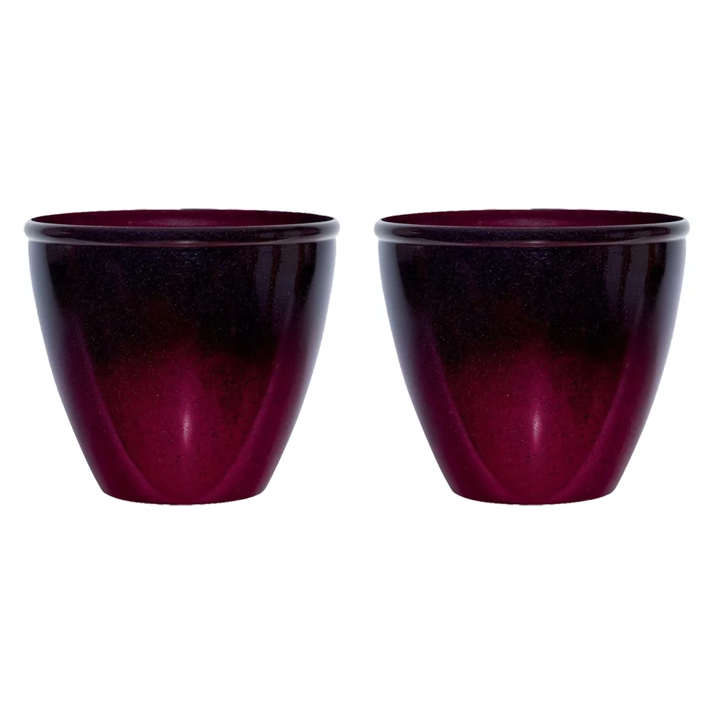 Suncast Seneca 16 Inch Ombre Resin Plant Flower Planter Pot, Red/Plum (2 Pack)