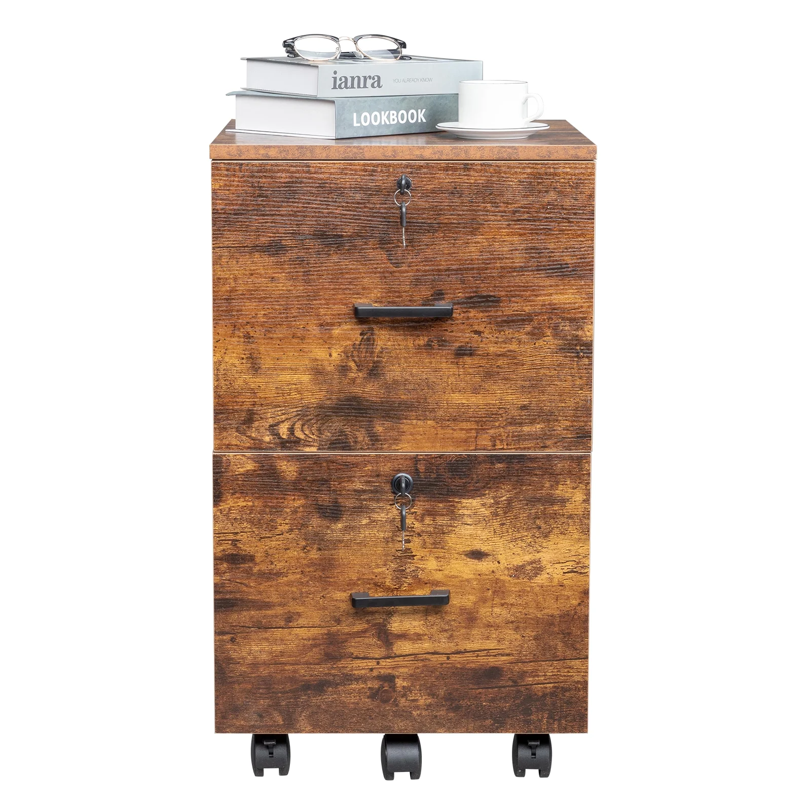 2 Drawer Rolling Wood File Cabinet With Lock, Portable Vertical Mobile Wooden Storage Filing Cabinet For Home Office