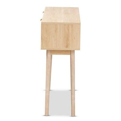 Baird Mid-Century Modern Light Oak Brown Finished Wood and Rattan 2-Drawer Console Table