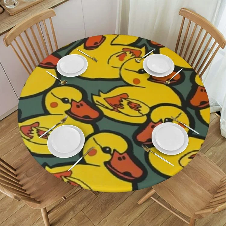 Patifu Cute Rubber Ducks Tablecloth with Elastic Edge, Round Table Cloth Yellow Cartoon Ducky Washable Reusable Table Cover for Kitchen Dining Party Picnic, Medium   White