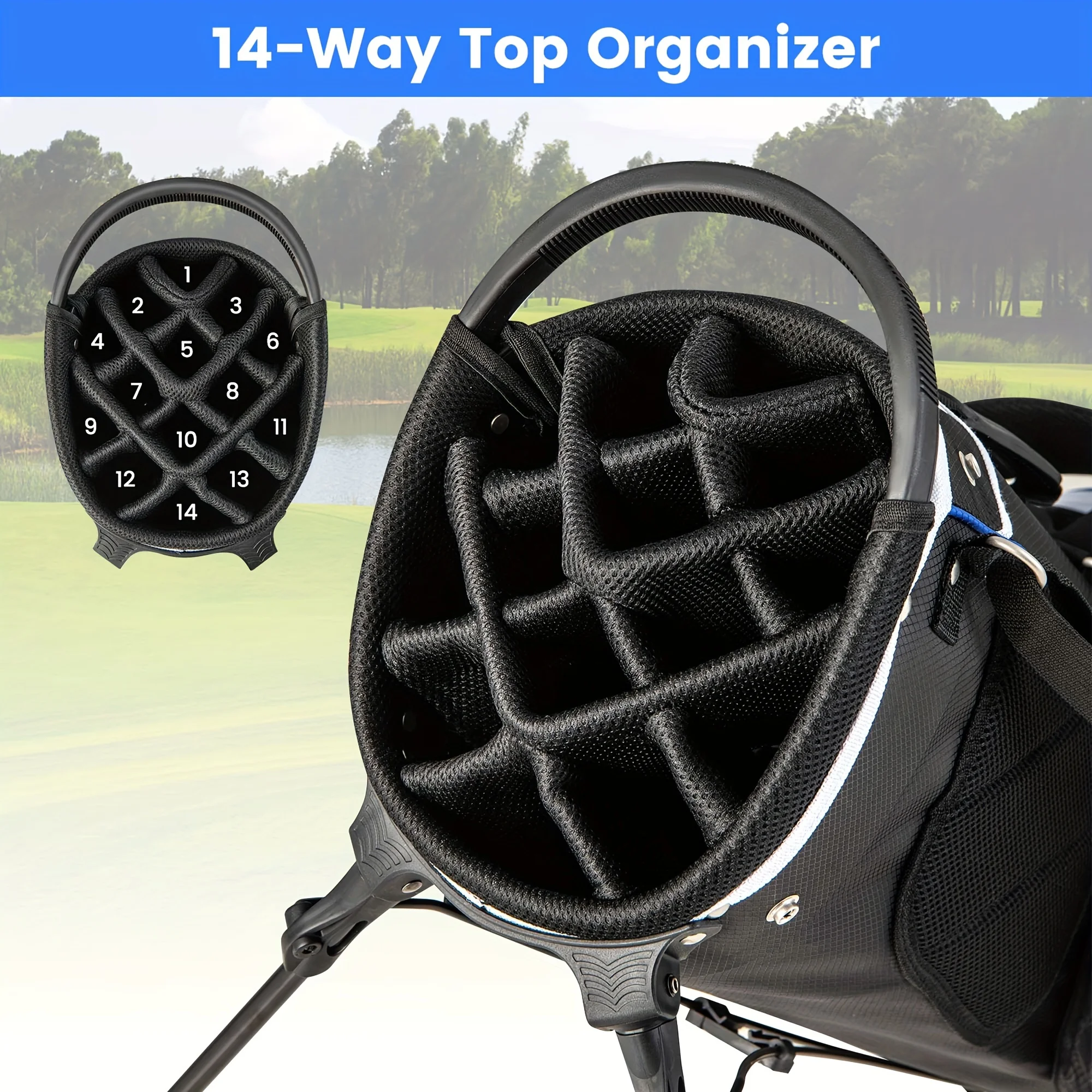 14-Way Top Divider Golf Stand Bag - Spacious 6-Pocket Organizer with Cooler Compartment & Rain Hood - Easy Transport for Daily Rounds and Practice Sessions