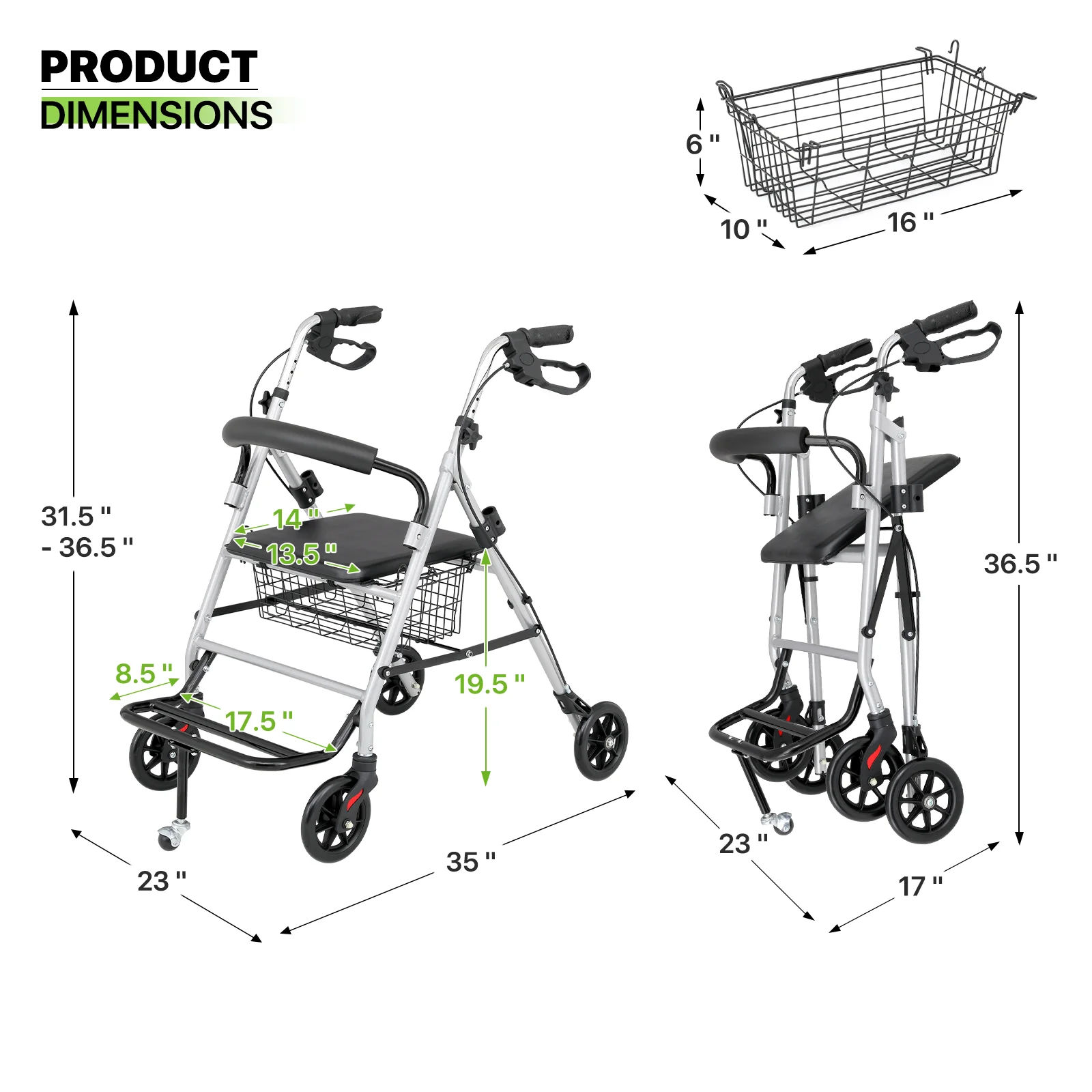 Magshion 3-in-1Rollator Walker, Folding Aluminum Alloy Steel Rollator 6 Inch Shock-Absorbing Wheels for Seniors, Elderly, Disabled, Handicap and Injured