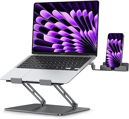 Adjustale Laptop Stand for Desk with Phone Holder, Aluminum Universal Computer Stand for Laptop, Ergonomic Laptop Riser fits All MacBook 11-16 inches, Silver